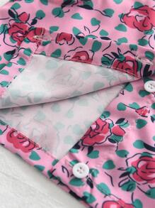 Bộ thời trang bé gái viền lá sen Viên lá sen Nút phía trước Hoa Tất cả trên in Boho - Hồng - Xem 5