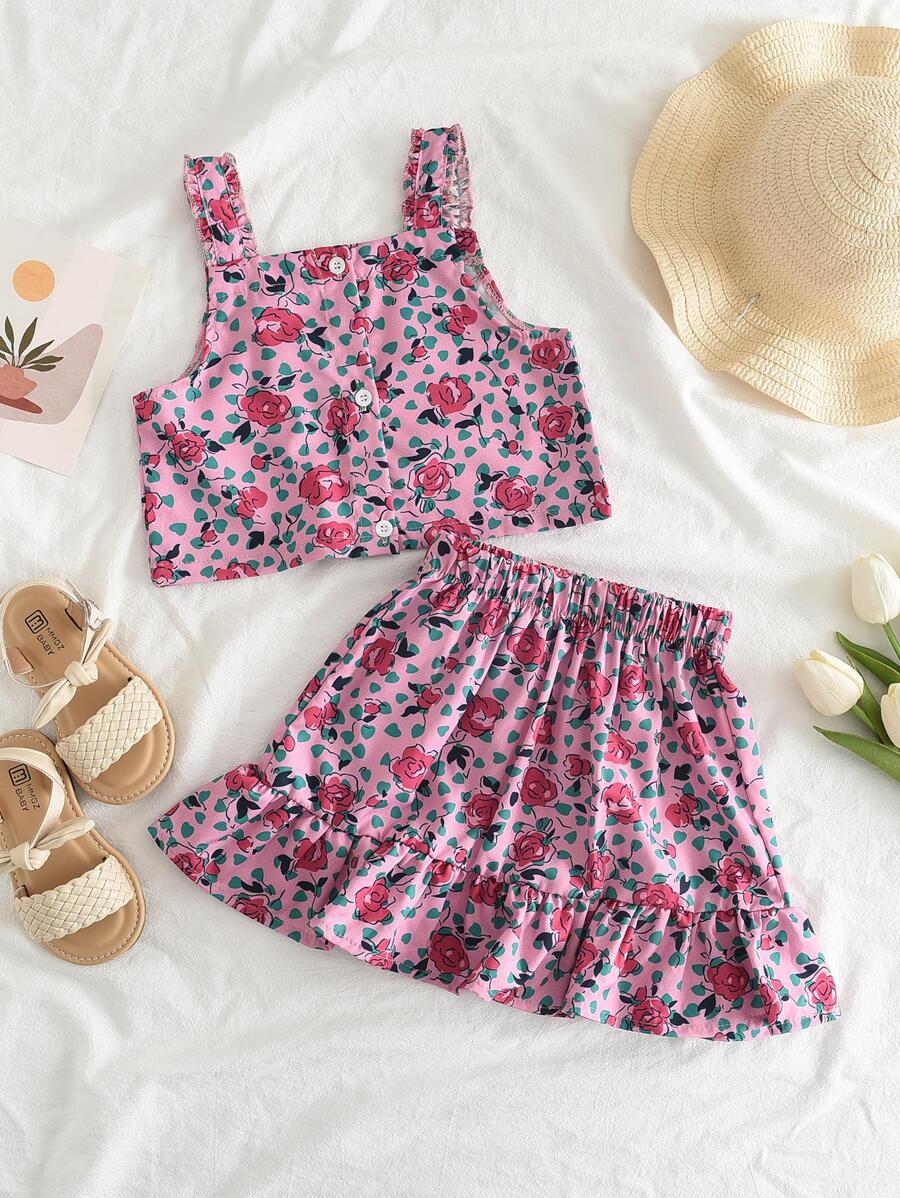 Bộ thời trang bé gái viền lá sen Viên lá sen Nút phía trước Hoa Tất cả trên in Boho - Hồng - Xem 1