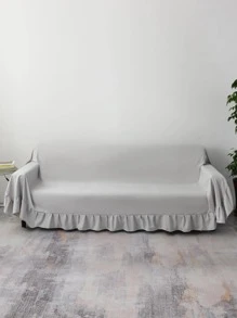 1pc Solid Color Ruffle Trim Sofa Slipcover, Minimalist Polyester Multi-size Stretchy Sofa Cover For Living Room, Bedroom, Home Office