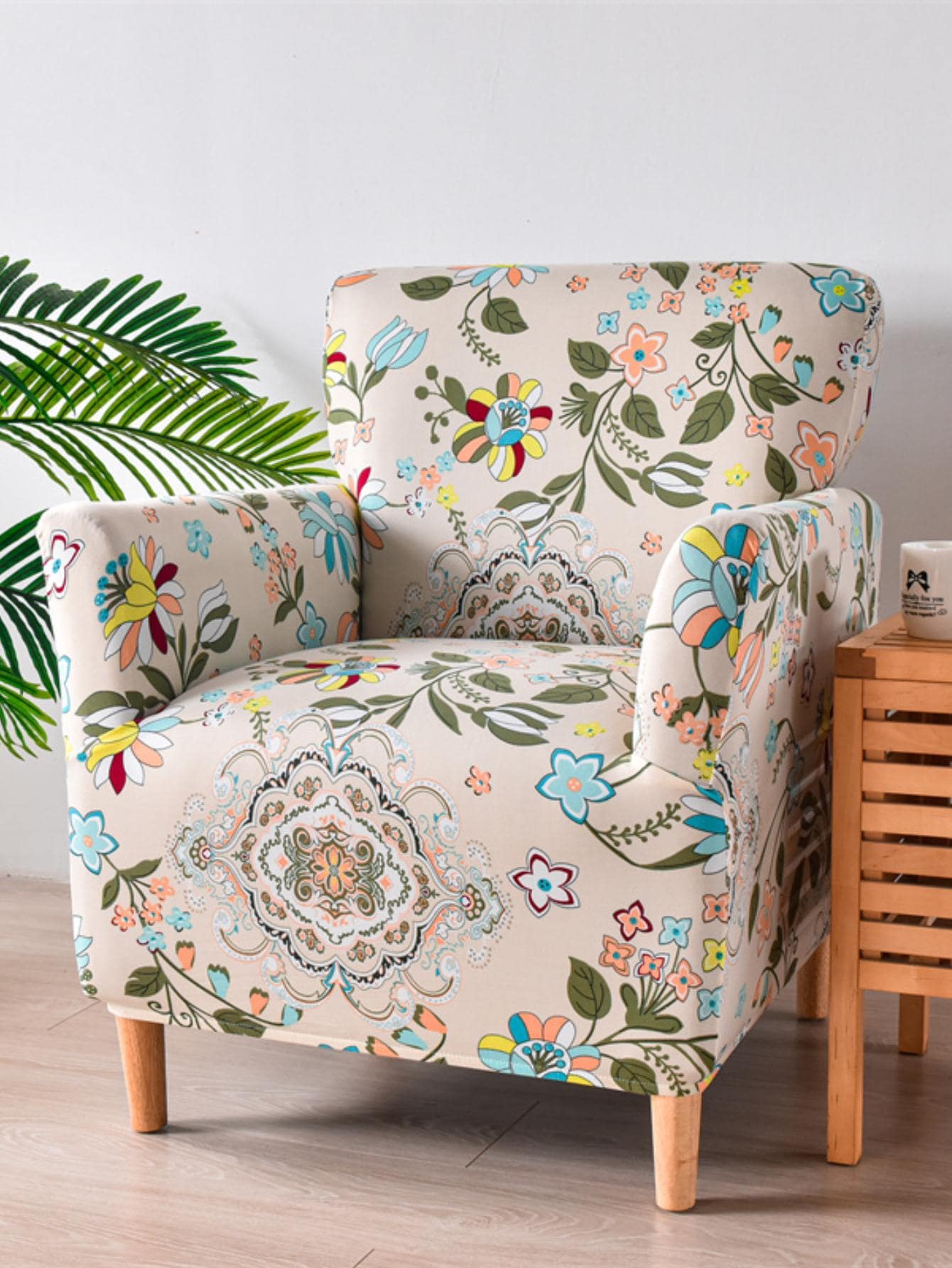 1pc Flower Pattern Armchair Sofa Slipcover, Modern Polyester Stretchy Wingback Chair Sofa Slipcover For Home - Beige - View 1