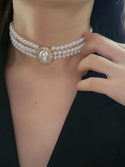 1 Peça Elegante Gargantilha Vintage Decorada com Cristal e Pérola