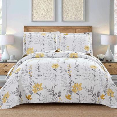 Botanical Quilt Set Floral Bedspread Coverlet Flower Quilts Bedding Spring Summer Lightweight Quilts Bedspread Reversible Bedding Grey Leaf Yellow Floral Quilt Collection Bedspread with Pillow Shams
