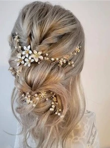 1pc Women Faux Pearl & Flower Decor Romantic Bridal Hair Band For Wedding Elegant Valentine's Day Valentines - Gold - View 2