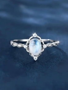 1入組魅力四射方晶鋯石裝飾月長石裝飾純銀戒指適合女士適用於約會禮物 - 銀色 - 查看 2