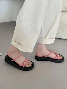 女士扭結裝飾時尚粉色平底涼鞋 - 玫紅色 - 查看 3