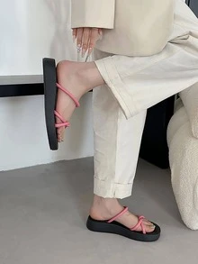 女士扭結裝飾時尚粉色平底涼鞋 - 玫紅色 - 查看 5