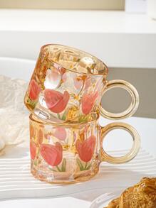 1 pieza Taza mug de vidrio dulce tulipán patrón transparente multipropósito para casa