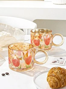 1 pieza Taza mug de vidrio dulce tulipán patrón transparente multipropósito para casa