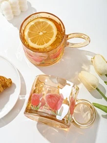 1 pieza Taza mug de vidrio dulce tulipán patrón transparente multipropósito para casa