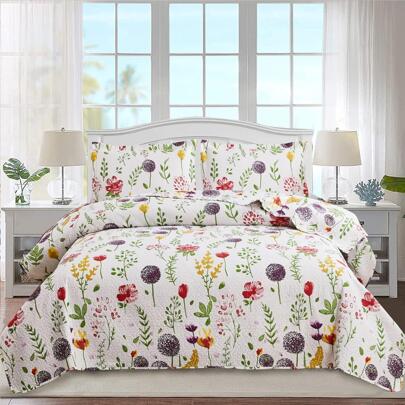 Floral Quilt Sets Reversible Countryside Bedspread Coverlets Lightweight Purple Dandelion Quilt Green Leaves Bed Cover Set for All Season,1 Quilt +2 Pillow Shams