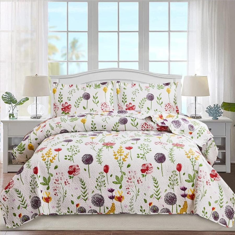 Floral Quilt Sets Reversible Countryside Bedspread Coverlets Lightweight Purple Dandelion Quilt Green Leaves Bed Cover Set for All Season,1 Quilt +2 Pillow Shams - 紫色 - 查看 1