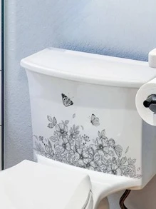 1入組蝴蝶和花卉圖案馬桶蓋PVC廁所裝飾貼紙 - 彩色 - 查看 2