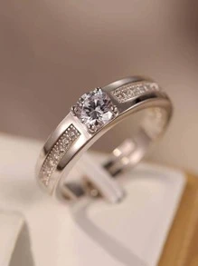 CVNANA 2入組/套魅力四射方晶鋯石裝飾戒指適合男士女士日常裝飾,適用於首飾類禮品和派對 - 銀色 - 查看 3