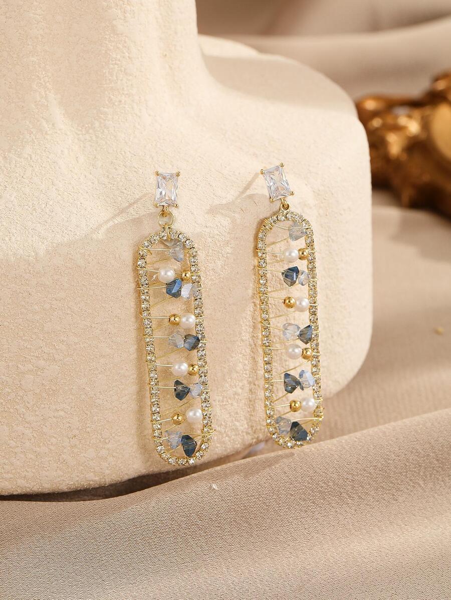 2入組/套魅力四射方晶鋯石裝飾耳墜適合女士日常裝飾 - 金黃色 - 查看 1