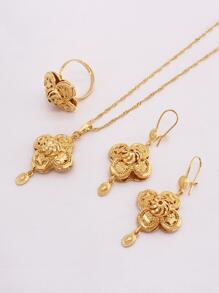 Conjunto de joyas chapadas en oro nigeriano, regalo de boda, collar, aretes, anillo y colgante nupcial, conjunto de joyas de lujo para mujer de Dubái - Dorado - Ver 2