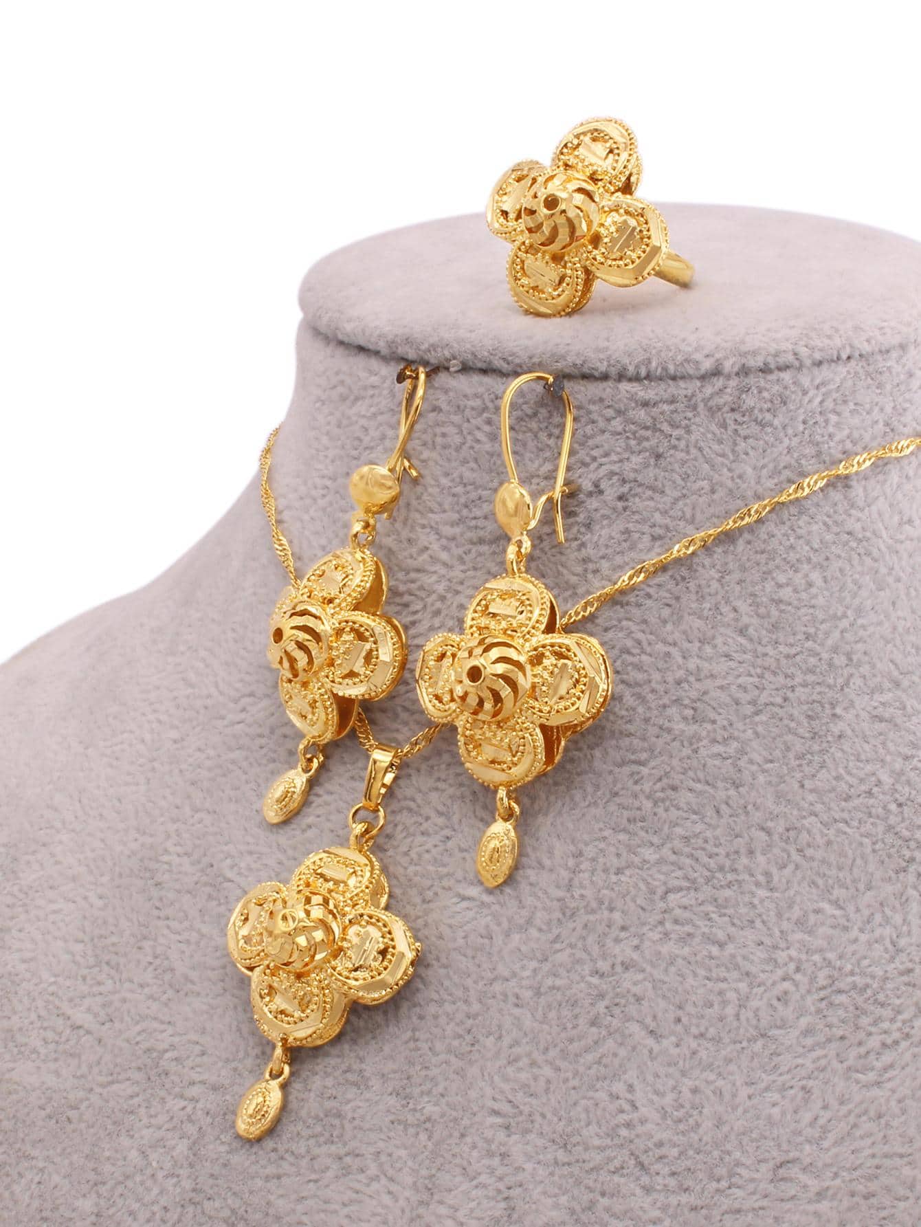 Conjunto de joyas chapadas en oro nigeriano, regalo de boda, collar, aretes, anillo y colgante nupcial, conjunto de joyas de lujo para mujer de Dubái - Dorado - Ver 1