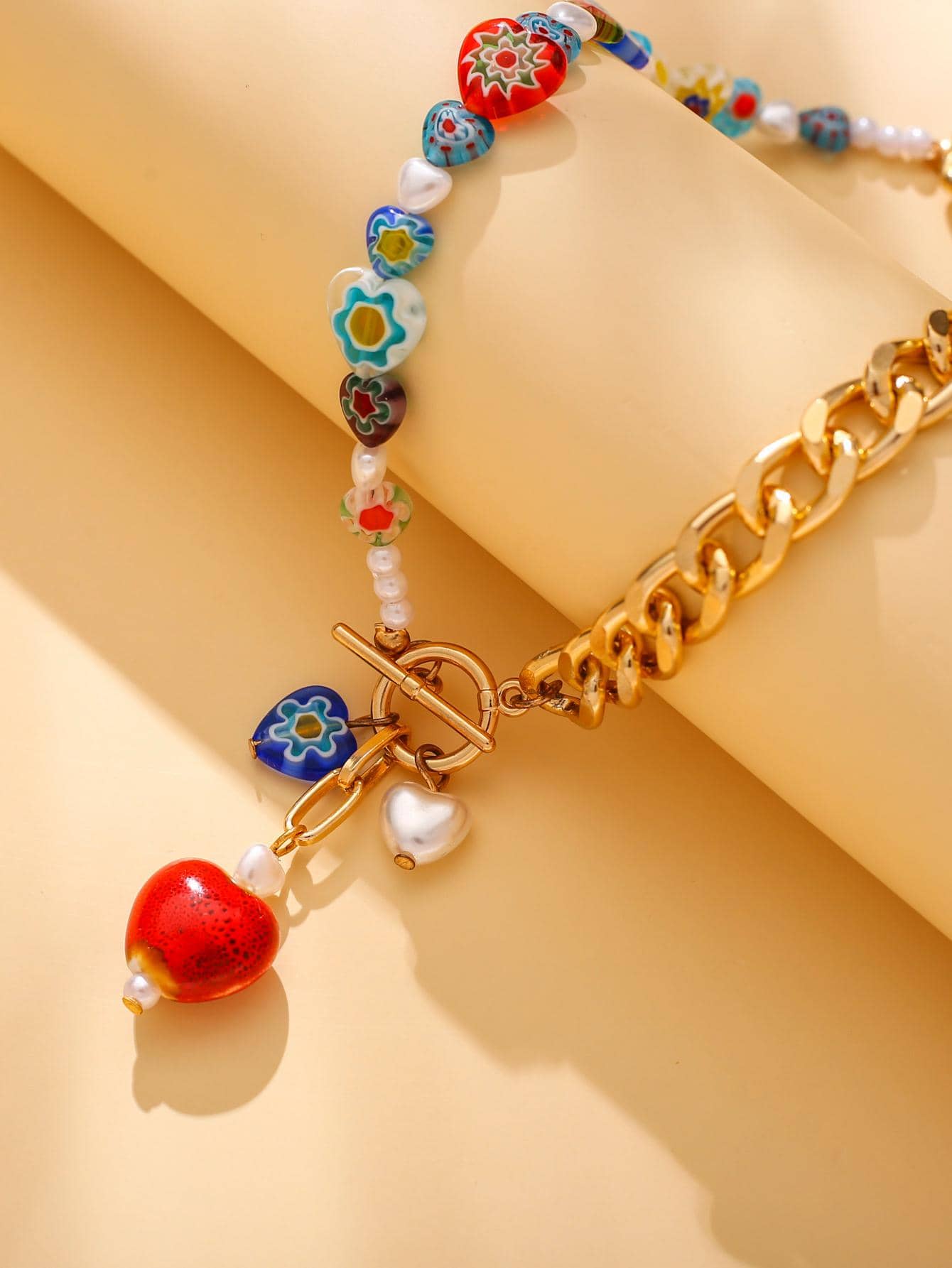 1 件可爱玻璃心形和人造珍珠个性项链，带搭扣，适合女士（颜色随机）情人节、妈妈、母亲、母亲节、礼物 - 金黃色 - 查看 1