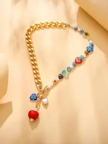 1 件可爱玻璃心形和人造珍珠个性项链，带搭扣，适合女士（颜色随机）情人节、妈妈、母亲、母亲节、礼物 - 金黃色 - 查看 2