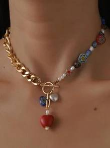 1 件可爱玻璃心形和人造珍珠个性项链，带搭扣，适合女士（颜色随机）情人节、妈妈、母亲、母亲节、礼物 - 金黃色 - 查看 3