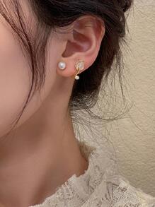 1對深受女性喜愛的優雅假珍珠花朵吊墜耳環,適用於日常珠寶飾品搭配 - 金黃色 - 查看 2