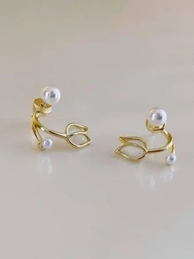 1對深受女性喜愛的優雅假珍珠花朵吊墜耳環,適用於日常珠寶飾品搭配 - 金黃色 - 查看 5