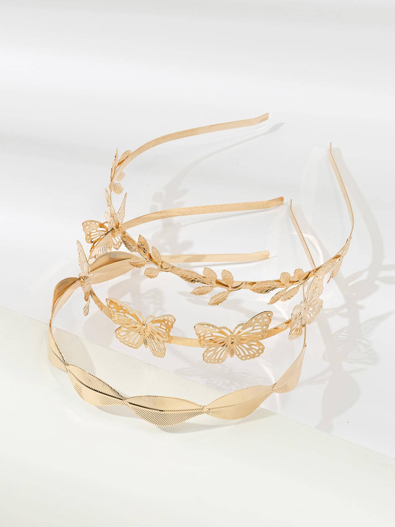 3入組女士蝴蝶和樹葉裝飾時尚髮箍適用於頭髮裝飾用品 - 金色 - 查看 1