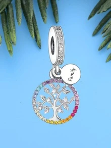 1pc Fashionable Cubic Zirconia Tree Decor Letter FAMILY Detail Sterling Silver Pendant For DIY Jewelry Making - Silver - View 3