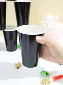 10入組素色一次性杯子派對用鏡面黑色紙杯 - 黑色 - 查看 6