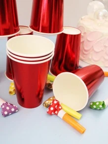 10入組素色一次性杯派對用鏡面紅紙杯 - 紅色 - 查看 5