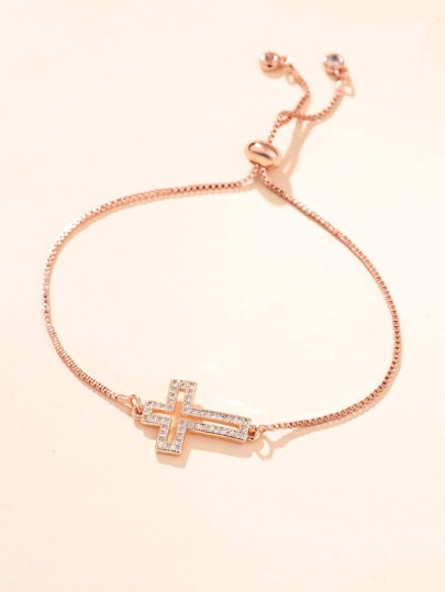 1pc Fashionable Rose Pink Rhinestone Cross Decor Chain Bracelet For Women For Party, Exquisite Valentine's Day Gift Valentines,Mom,Mother,Mother's Day,Gift
