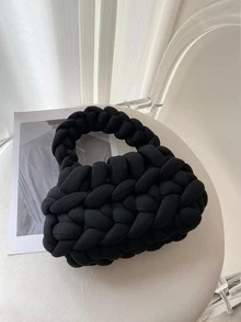 女士手提包，钩编，纯色，手工制作，镂空设计，时尚简约，适合外出购物。 - 黑色 - 查看 4
