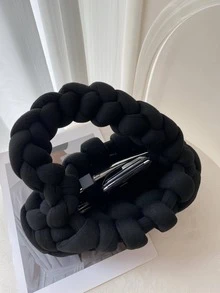 女士手提包，钩编，纯色，手工制作，镂空设计，时尚简约，适合外出购物。 - 黑色 - 查看 3