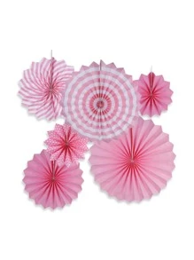6pcs Paper Fan Decoration, Pink Paper Hanging Decoration, For Party Decor - Pink - View 3