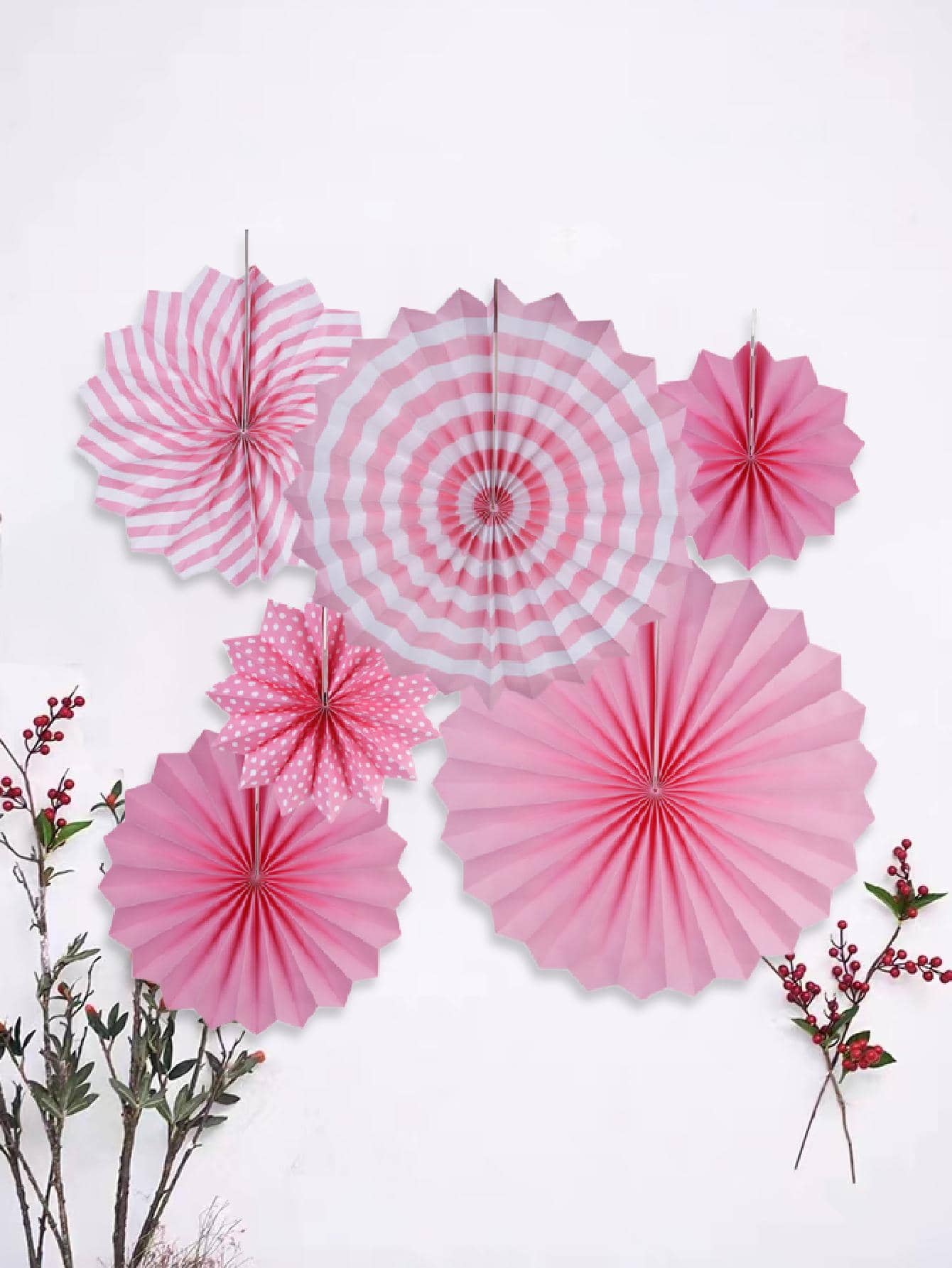 6pcs Paper Fan Decoration, Pink Paper Hanging Decoration, For Party Decor - Pink - View 1