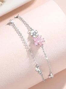 Pulsera Exquisita BONA de Plata Esterlina S925 con Circonia Cúbica Rosada, Rhinestone Oxide y Diseño de Flor. Accesorios e Joyería de Gama Alta Ajustable para Damas, Regalo de Navidad de Pareja, Confesión de Amor con Toque Floral y Elegante para tu Novia. - flores de cerezo rosa - Ver 4