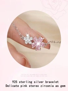 Pulsera Exquisita BONA de Plata Esterlina S925 con Circonia Cúbica Rosada, Rhinestone Oxide y Diseño de Flor. Accesorios e Joyería de Gama Alta Ajustable para Damas, Regalo de Navidad de Pareja, Confesión de Amor con Toque Floral y Elegante para tu Novia. - flores de cerezo rosa - Ver 8