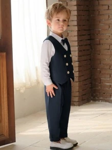 蝴蝶結 雙排釦撞色男童（小）兩件套 - 藍白色 - 查看 3