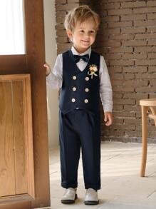 蝴蝶結 雙排釦撞色男童（小）兩件套 - 藍白色 - 查看 2