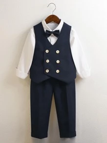 蝴蝶結 雙排釦撞色男童（小）兩件套 - 藍白色 - 查看 1