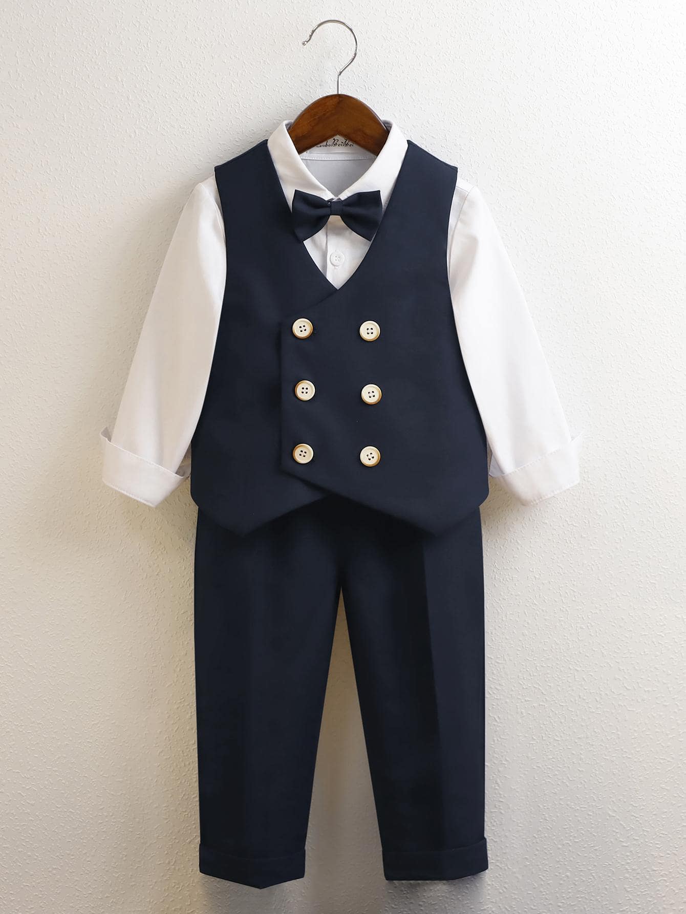 蝴蝶結 雙排釦撞色男童（小）兩件套 - 藍白色 - 查看 1