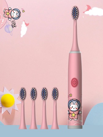 Children's Electric Toothbrush, Model W8 - 6 Color Options (Space Series With 5 Brush Heads), Suitable For Boys & Girls Aged 3-15, Soft Bristles, IPX7 Waterproof, Simple White Design, Electric Toothbrush With One-Touch Automatic Start (Batteries Not Included)