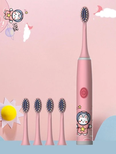 Cepillo de dientes eléctrico para niños, Modelo W8 - 6 opciones de color (Serie espacial con 5 cabezales de cepillo), Adecuado para niños y niñas de 3 a 15 años, Cerdas suaves, Resistente al agua IPX7, Diseño blanco simple, Cepillo de dientes eléctrico con inicio automático con un solo toque (Baterías no incluidas)