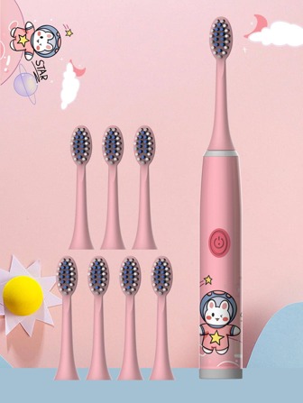 Children's Electric Toothbrush, Model W8 Pink (With 8 Brush Heads For Astronaut Bunny Design), For Kids Ages 3-15, Soft Bristles, IPX7 Waterproof, Automatic, Whitening, One-Click Operation (Batteries Not Included)