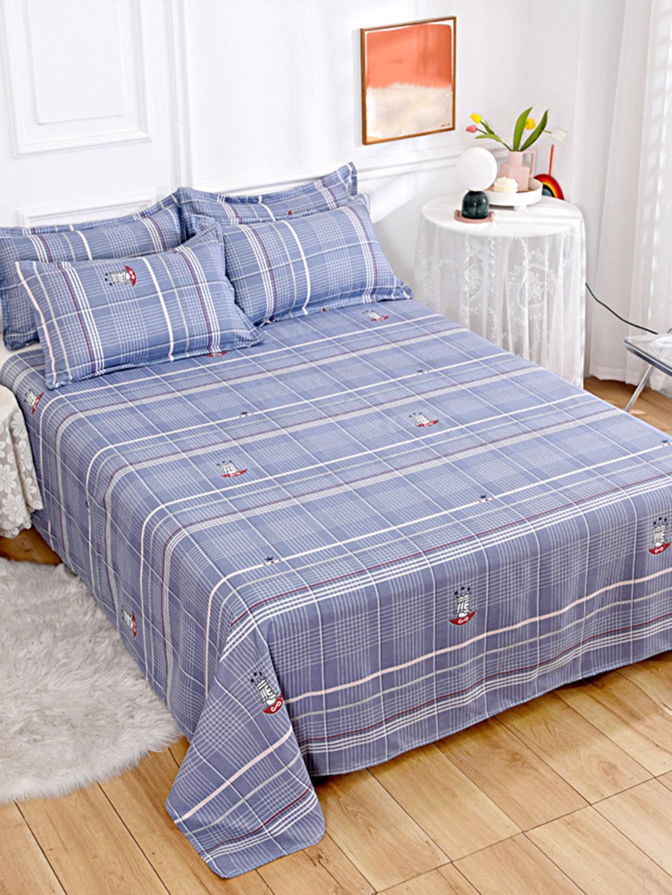 Plaid Pattern Flat Sheet, Modern Fabric Bed Sheet, For Bedroom - Multicolor - View 1