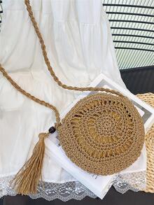 Tassel Decor Straw Bag Hollow Out Circle Bag For Vacation - Khaki - View 2