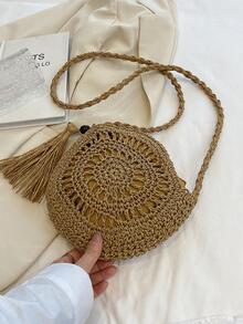 Tassel Decor Straw Bag Hollow Out Circle Bag For Vacation - Khaki - View 4
