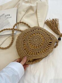 Tassel Decor Straw Bag Hollow Out Circle Bag For Vacation - Khaki - View 5