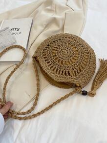 Tassel Decor Straw Bag Hollow Out Circle Bag For Vacation - Khaki - View 6