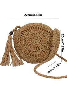 Tassel Decor Straw Bag Hollow Out Circle Bag For Vacation - Khaki - View 7