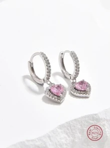 1對魅力四射粉色方晶鋯石愛心設計純銀耳墜適合女士適合婚禮派對首飾類情人節禮品 - 銀色 - 查看 4